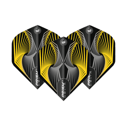 6915-241_Winmau_Prism_Delta_Spiral_YellowGrey_Standard_Flights_1fbl9FKLt3XNxA Das Bild zeigt drei Dart-Flights des Modells „Winmau Prism Delta Spiral YellowGrey Standard Flights“. Sie sind schwarz mit auffälligen gelben und grauen Spiral-Designs.