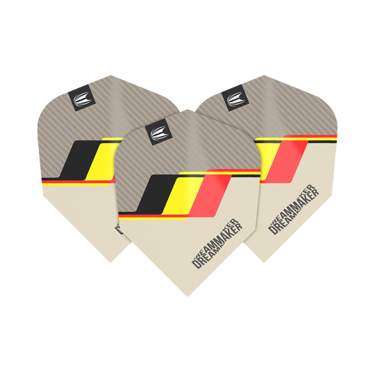 Das Bild zeigt drei Dart-Flights mit dem Namen "Target Pro Ultra Dimitri Van Den Bergh TenX Flights". Sie sind in Beige, Grau, Schwarz, Gelb und Rot gestaltet und tragen den Schriftzug "DREAMMAKER".