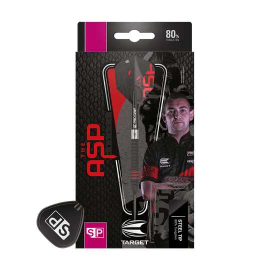 Auf dem Bild ist eine Verpackung für Steeldarts der Marke Target zu sehen. Auf der Verpackung steht „The ASP Black“ und zeigt einen Dartspieler sowie einen einzelnen Dartpfeil.