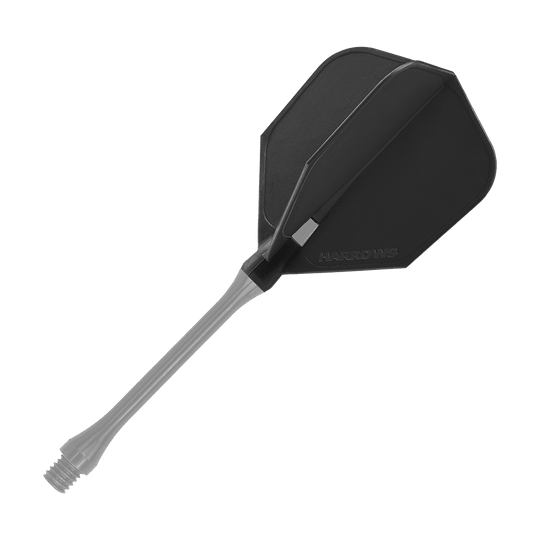 HRC-100_Harrows_Clic_Standard_Flight_Black_2 Das Bild zeigt ein schwarzes Harrows Clic Standard Flight für Darts. Das Flight ist komplett schwarz und besteht aus einem Stück mit dem Shaft.