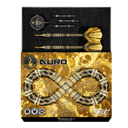 Shot Alchemy Auro Steeldarts Hier sieht man die Shot Alchemy Auro Steeldarts. Die Steeldarts werden detailliert und aus einer besonderen Perspektive dargestellt.