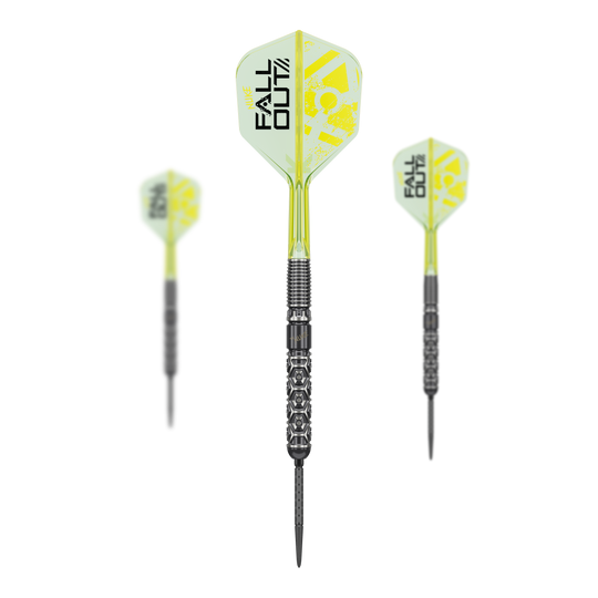 Zu sehen sind die Target Luke Littler Nuke Fallout Swiss Points Steeldarts. Es handelt sich um ein Set hochwertiger Steeldarts.