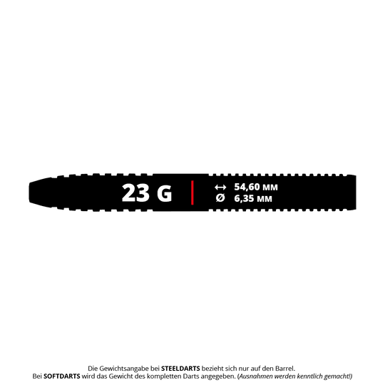 Winmau Daryl Gurney SC 1.0 Series Steeldarts - 23g Das Bild zeigt den Winmau Daryl Gurney SC 1.0 Series Steeldart mit einem Gewicht von 23 Gramm. Die Maße des Barrels sind 54,60 mm Länge und 6,35 mm Durchmesser.