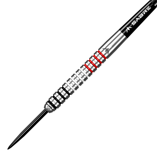 Mission Wessel Nijman steel darts - 23g Das Bild zeigt einen Mission Wessel Nijman Steeldart mit einem Gewicht von 23 Gramm. Der Dart hat ein silbernes Barrel mit schwarzen und roten Ringen.