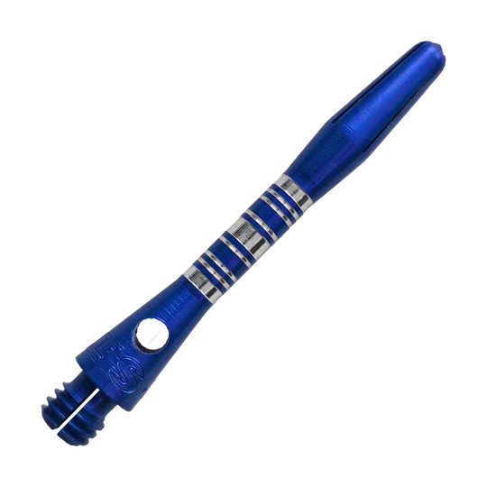 Bulls NL Supra Aluminium Shafts, blau und 34 mm lang, sind abgebildet. Diese Schäfte sind ideal für Dartspieler, die Wert auf Haltbarkeit legen.