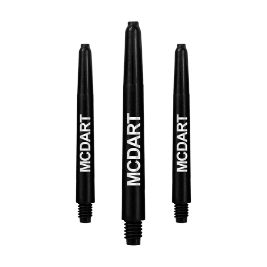 Auf dem Bild sind drei schwarze Nylon-Dartschäfte zu sehen. Auf jedem Schaft steht das Wort "MCDART" in weißer Schrift.
