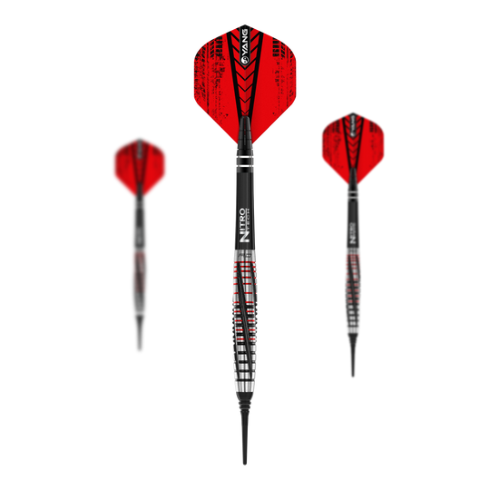 Red Dragon Rifle Soft Darts - 20g Das Bild zeigt drei Softdarts des Modells „Red Dragon Rifle Softdarts - 20g“. Die Darts haben schwarze und rote Flights mit silber-schwarzem Schaft und Spitze.