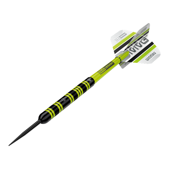 Winmau Michael Van Gerwen 85 Pro-Series steel darts Das Bild zeigt einen Winmau Michael Van Gerwen 85 Pro-Series Steeldart. Der Dart hat ein auffälliges Design mit schwarzen und leuchtend grünen Akzenten sowie einem MVG-Logo auf den Flights.