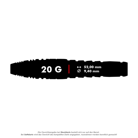 Unicorn Top Brass V4 Steeldarts - 20g Das Bild zeigt die Produktinformationen zu "Unicorn Top Brass V4 Steeldarts - 20g". Die Darts wiegen 20 Gramm, sind 52,00 mm lang und haben einen Durchmesser von 9,40 mm.
