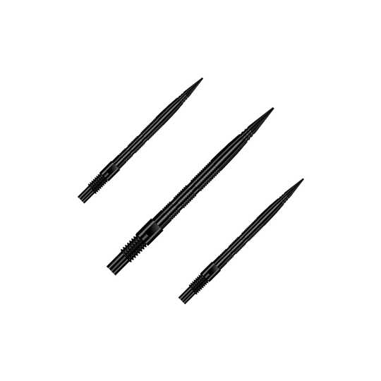 Harrows Quick Point Micro Ridge Dart Tips - Black Das Bild zeigt ein Set aus schwarzen Dartspitzen mit Rillen. Dieses Zubehör wird für Dartpfeile verwendet.