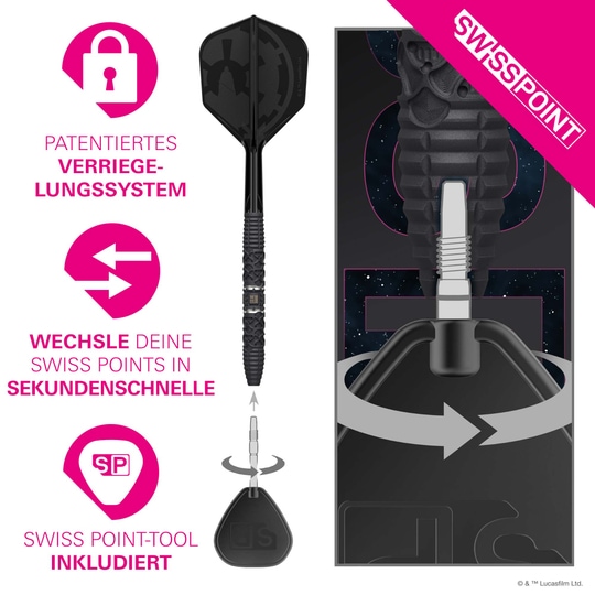 Target Star Wars Darth Vader 95 Swiss Point Steel Darts Dieses Bild zeigt die Target Star Wars Darth Vader 95 Swiss Point Steeldarts. Die Darts sind im Star Wars Design mit Darth Vader-Motiv gestaltet.