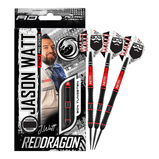 Red Dragon Jason Watt Steel Darts - 22g Das Bild zeigt das Produkt "Red Dragon Jason Watt Steeldarts - 22g" in seiner Verpackung. Rechts daneben sind drei Steeldarts mit schwarzem und rotem Design zu sehen.