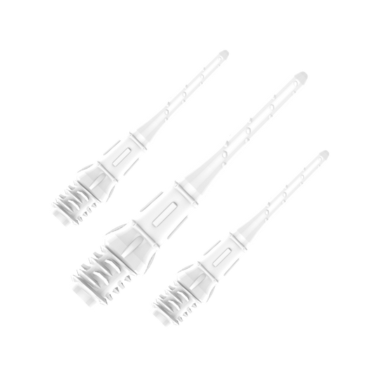 Premium Lippoints (30 Pack) - Tips Auf dem Bild sind drei weiße Dartspitzen zu sehen, die in einer Verpackung angeordnet sind. Die Spitzen wirken hochwertig und sind gleichmäßig ausgerichtet.