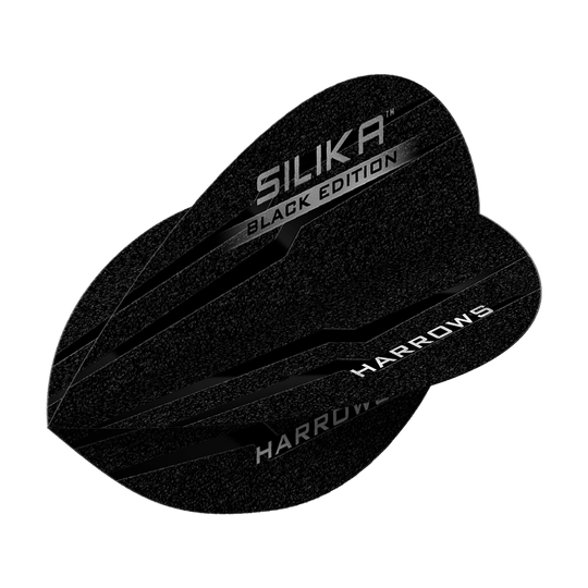 Das Bild zeigt die "Harrows Silika Black-Edition Pear Flights" in schwarzem Design. Die Flugblätter sind mit silbernen Schriftzügen verziert.
