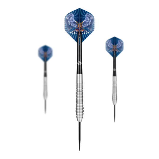 Shot Birds Of Prey Kestrel Steel Darts Auf dem Bild sind drei Steeldarts der Marke 'Shot Birds Of Prey Kestrel' zu sehen. Die Flights der Darts sind blau und zeigen das Bild eines Vogels mit ausgebreiteten Flügeln.