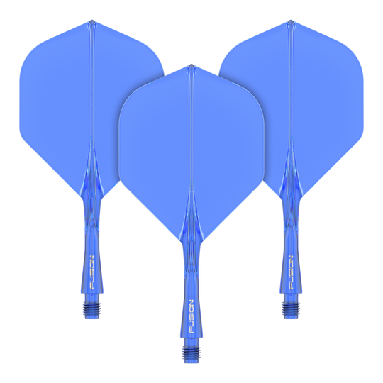 Winmau Fusion Flight Shaft System Standard Blue Das Bild zeigt drei blaue Dart-Flights mit Schäften des Winmau Fusion Flight Shaft Systems. Sie sind in einer Reihe angeordnet und jeder Schaft ist 22 mm lang.