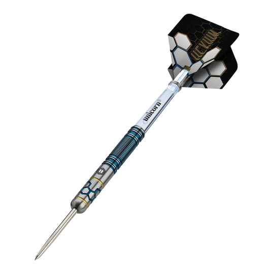 Das Foto zeigt die Unicorn Hexium Style 02 Blue & Gold Steeldarts. Es handelt sich um hochwertige Steeldarts in Blau und Gold.