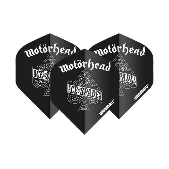 6905-210_Winmau_Rockstar_Legends_Mot-rhead_AoS_Standard_Flights_14RTqYndjcLOyb Das Bild zeigt vier schwarze Dart-Flights mit dem Schriftzug "Motörhead" und "Ace of Spades" darauf. Die Flights sind im Standard-Format und tragen das Winmau-Logo.