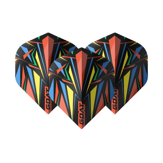 Das Bild zeigt drei bunte Dart-Flights mit einem auffälligen, geometrischen Muster in Rot, Gelb, Blau, Grün und Schwarz. Auf jedem Flight steht das Wort "GOAT" in roten Buchstaben.