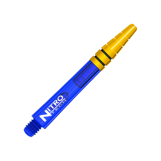 C799_Red_Dragon_Nitrotech_Shafts_Blau_Gold_39mm_2 Das Bild zeigt einen Red Dragon Nitrotech Shaft in Blau-Gold mit einer Länge von 39 mm. Der Schaft hat einen blauen Körper und einen goldenen oberen Teil.
