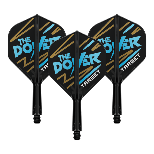 Auf dem Bild sind drei Dartflights mit schwarzem Hintergrund zu sehen. Auf den Flights steht in blauer und weißer Schrift "THE POWER" und unten "TARGET".