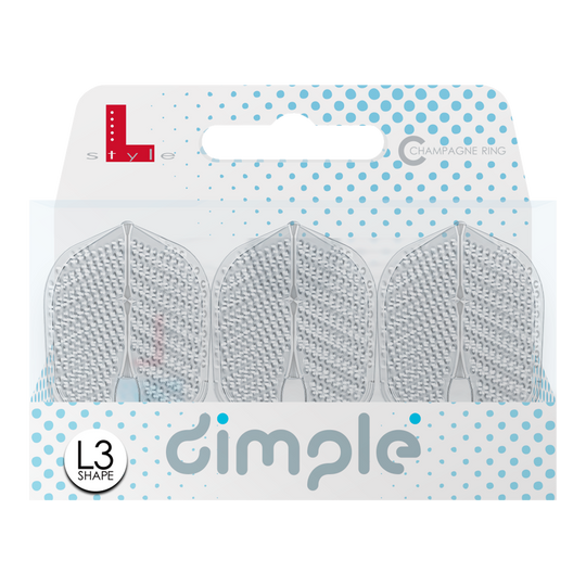 L-Style Flights Dimple Champagne L3PRO Shape Das Bild zeigt eine Verpackung mit drei L-Style Flights Dimple im L3PRO Shape. Die Verpackung ist weiß mit blauen Punkten und trägt den Schriftzug "dimple".