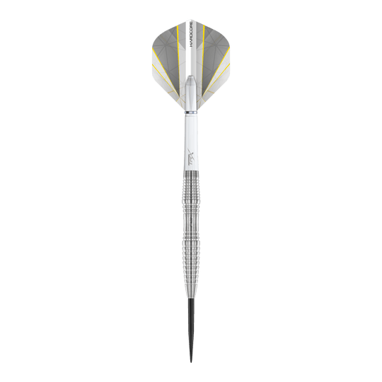 Red Dragon Seren 3 Pure Steeldarts Das Bild zeigt einen Red Dragon Seren 3 Pure Steeldart. Der Dartpfeil ist silberfarben mit einem modernen, weißen Flight und gelben Akzenten.
