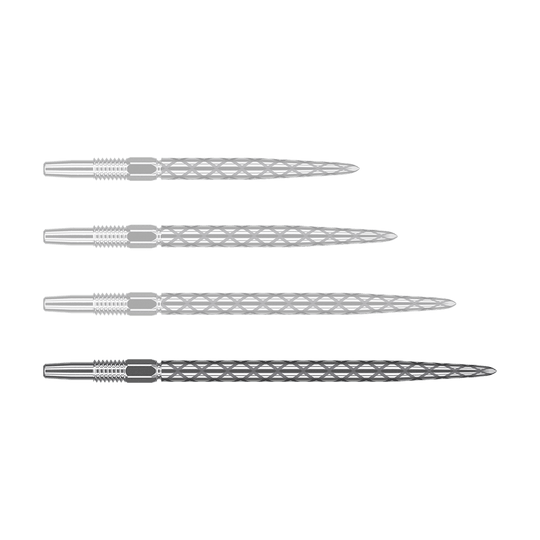 Target Swiss Diamond Pro Silver Points dart tips Auf dem Bild sind vier silberne Dartspitzen mit einem rautenförmigen Muster zu sehen. Sie liegen waagerecht und sind gleichmäßig angeordnet.
