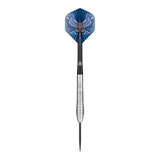 Shot Birds Of Prey Kestrel Steel Darts Das Bild zeigt einen Steeldart der Marke "Shot Birds Of Prey Kestrel". Auf dem Flight ist ein stilisierter Raubvogel mit ausgebreiteten Flügeln in Blau und Weiß abgebildet.