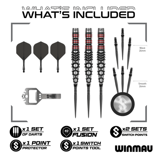 Abgebildet sind die Winmau Fornax Torpedo Switch Points Steeldarts. Sie zeichnen sich durch ihr innovatives Design und hochwertige Verarbeitung aus.