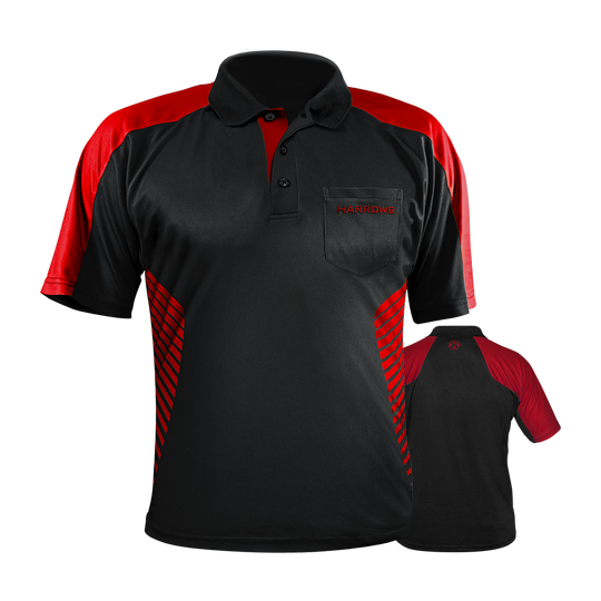 HRS-17416_Harrows_Vivid_Dartshirt_Black_Red_0 Das Bild zeigt das Harrows Vivid Dartshirt in Schwarz mit feuerroten Akzenten. Das Shirt hat einen Kragen, eine Brusttasche und auffällige rote Streifen an den Seiten.