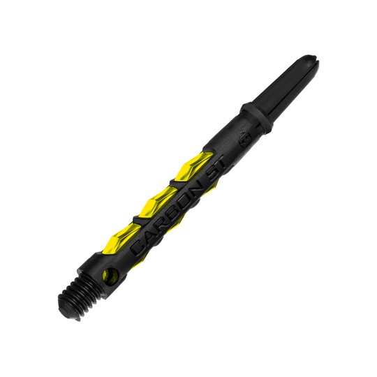 Das Bild zeigt einen Harrows Carbon ST Shaft in der Farbe Gelb. Der Schaft ist schwarz mit gelben Akzenten und hat die Aufschrift "CARBON ST".