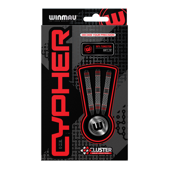 Winmau Cypher Softdarts - 20g Die Abbildung zeigt die Verpackung der Winmau Cypher Softdarts mit 20 Gramm Gewicht. Die Darts bestehen zu 90% aus Wolfram und verfügen über spezielle Griffkontrolle.