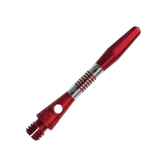 Gezeigt werden rote BullsNL Cetra Aluminium Shafts mit einer Länge von 34 mm. Das Produkt ist für das Dartspiel gedacht.