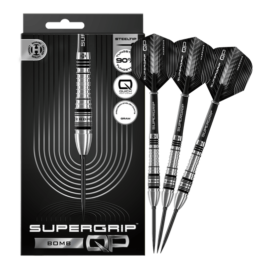 Abgebildet sind die Harrows Supergrip Bomb Quick Point Steeldarts in voller Länge. Sie eignen sich ideal für ambitionierte Dartspieler.