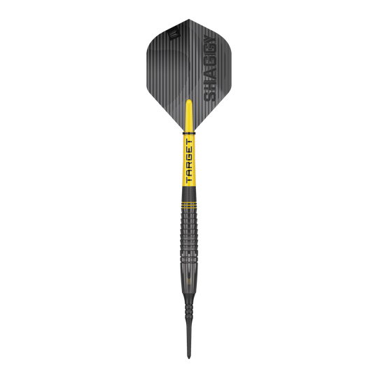 Target Scott Williams Shaggy Black Soft Darts - 20g Dies ist ein Softdart namens "Target Scott Williams Shaggy Black Softdarts - 20g". Der Dart ist überwiegend schwarz mit gelben Akzenten und hat den Schriftzug "SHAGGY" auf der Flight.