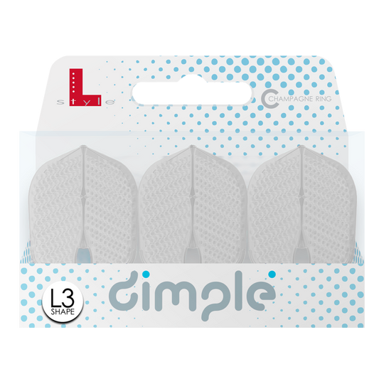 L-Style Flights Dimple Champagne L3PRO Shape Das Bild zeigt eine Packung mit drei L-Style Flights Dimple Champagne L3PRO Shape. Die Verpackung ist weiß-blau und trägt den Schriftzug "dimple" sowie das L3 Shape-Logo.