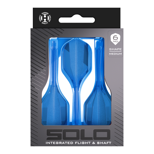 Zu sehen ist das Harrows Solo No6 Flight-Shaft-System in Blau. Das Produkt wird aus einer bestimmten Perspektive gezeigt.