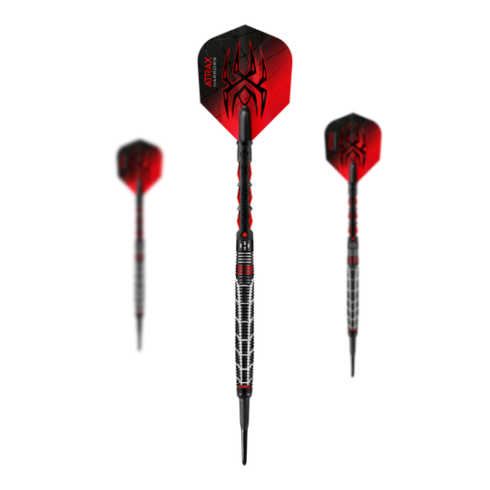 Harrows Atrax Softdarts Das Bild zeigt drei Softdarts mit schwarzem und rotem Design. Auf den Flights ist ein Spinnenmotiv sowie der Schriftzug "ATRAX HARROWS" zu sehen.