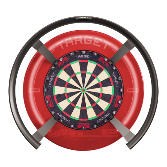 Target OMNI auto-scoring system Das Bild zeigt das Produkt "Target OMNI Auto-Scoring-System", ein innovatives elektronisches System für Dartspiele. Es besteht aus einem Dartboard mit einem kreisförmigen automatischen Punktesystem und einer markanten roten Umrandung.