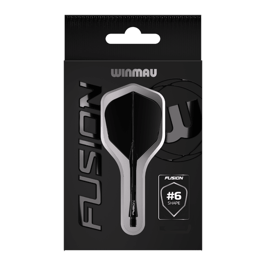 Das Bild zeigt eine Verpackung des Winmau Fusion Flight Shaft Systems in Schwarz. Auf der Verpackung steht, dass es sich um die Form Nummer 6 handelt.