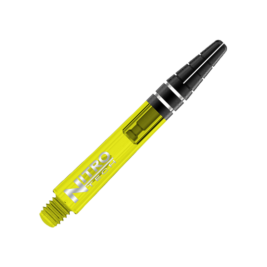 C706_Red_Dragon_Nitrotech_Shafts_Gelb_36mm_2 Das Bild zeigt einen gelben Dart-Schaft mit der Aufschrift "NITRO TECH". Der Schaft hat ein schwarzes Ende mit silbernen Ringen.