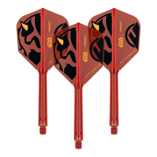 Abgebildet ist ein Produkt mit dem Namen 410522_Target_StarWars_KFlex_DarthMaul_No6_Flights_Medium_33mm_1Set. Das Bild zeigt vermutlich Dart-Flights mit Star Wars Darth Maul Motiv.