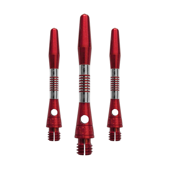 Abgebildet ist ein Set roter Aluminium Shafts mit 34 mm Länge. Sie werden wahrscheinlich beim Dartspiel verwendet.