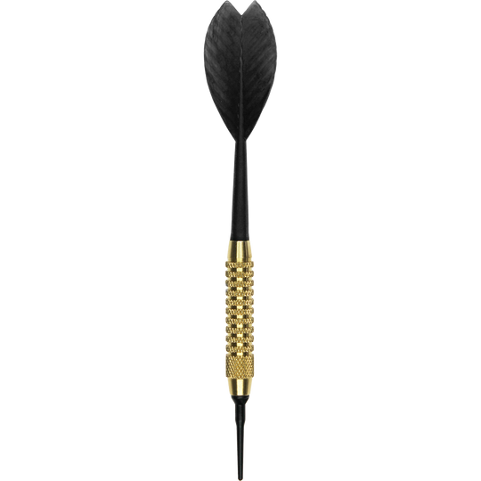 621_Automatenpfeile_Set_1rmTjK7iRdwhD4 Das Bild zeigt einen einzelnen Dartpfeil aus dem Automatenpfeile Set. Der Pfeil hat ein goldenes Griffstück und schwarze Flügel sowie eine schwarze Kunststoffspitze.