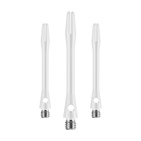 HR373_Harrows_Keramic_Shafts_Weiss_41mm_1GMWRDnji9eW1E Das Bild zeigt drei weiße Harrows Keramic Shafts für Dartpfeile. Sie sind aus robustem Material gefertigt und haben einen Metall-Gewindeanschluss.