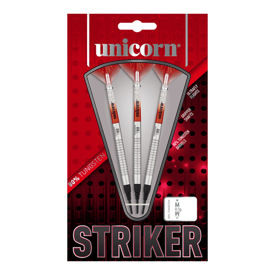 Unicorn Core XL Striker Style 1 Soft Darts - 19g Das Bild zeigt eine Packung der "Unicorn Core XL Striker Style 1 Softdarts - 19g". In der Verpackung befinden sich drei silberfarbene Softdarts mit roten und weißen Details.