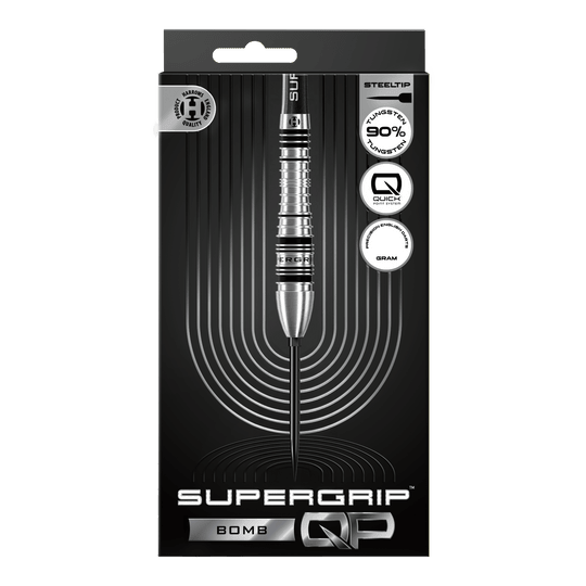 Gezeigt werden die Harrows Supergrip Bomb Quick Point Steeldarts. Das Produkt bietet hohe Kontrolle und Stabilität beim Wurf.