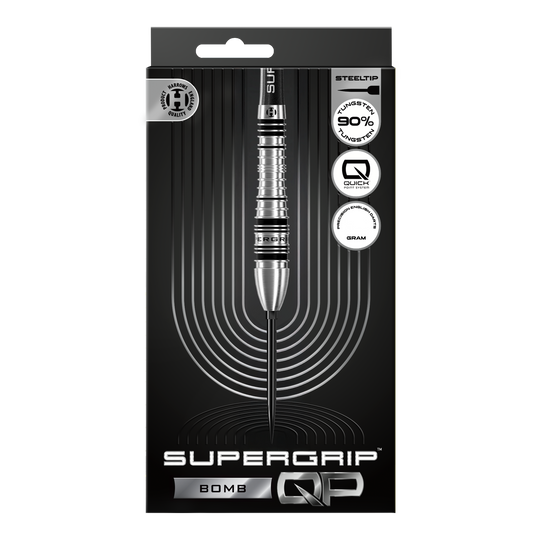 Harrows Supergrip Bomb Quick Point Steel Darts Gezeigt werden die Harrows Supergrip Bomb Quick Point Steeldarts. Das Produkt bietet hohe Kontrolle und Stabilität beim Wurf.