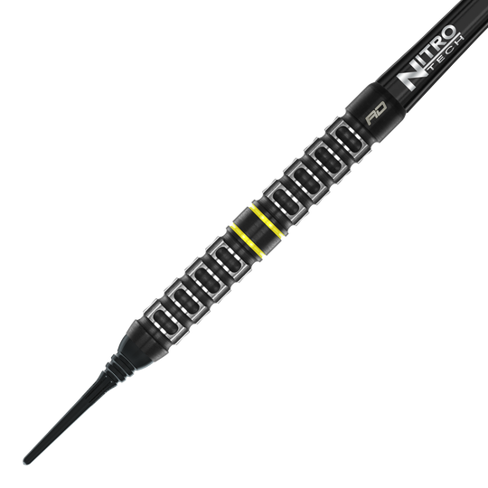 Red Dragon Astraeus Q4X Parallel Softdarts - 20g Dies ist ein Red Dragon Astraeus Q4X Parallel Softdart mit einem Gewicht von 20g. Der Dart hat ein schwarzes Design mit gelben Akzenten und einer markanten Griffstruktur.